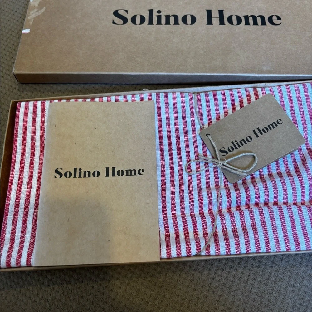 Solino Home Linen Table Runner 100% Pure Linen Red & White Farmhouse  14 x 48
